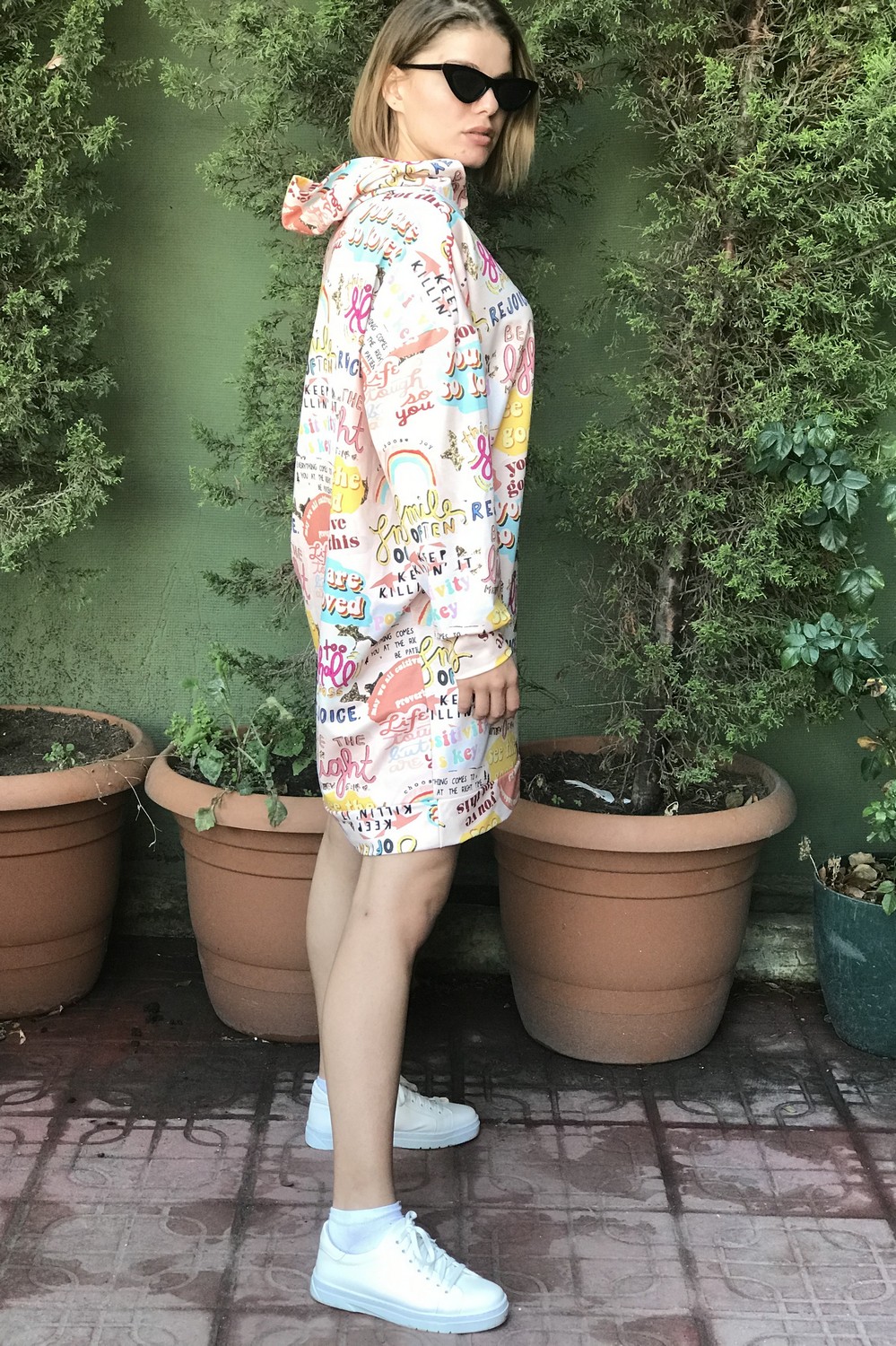 Baski Detayli Kapusonlu Elbise/Pembe